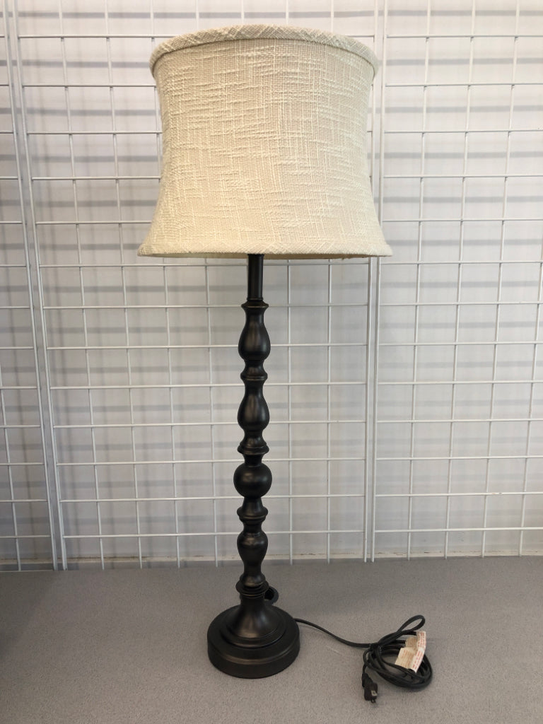 STACKED METAL LAMP W/TEXTURED SHADE.