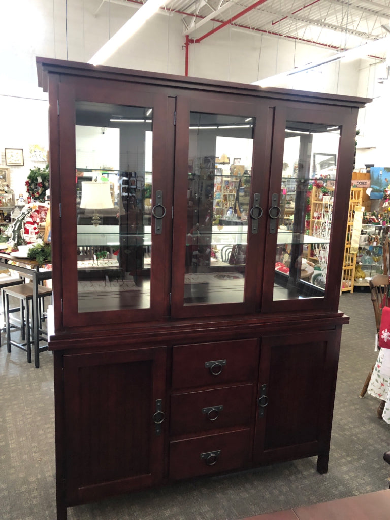 DARK DINING HUTCH-LIGHT UP GLASS UPPER, DRAWER + CABINET LOWER/ CIRCLE HARDWARE.