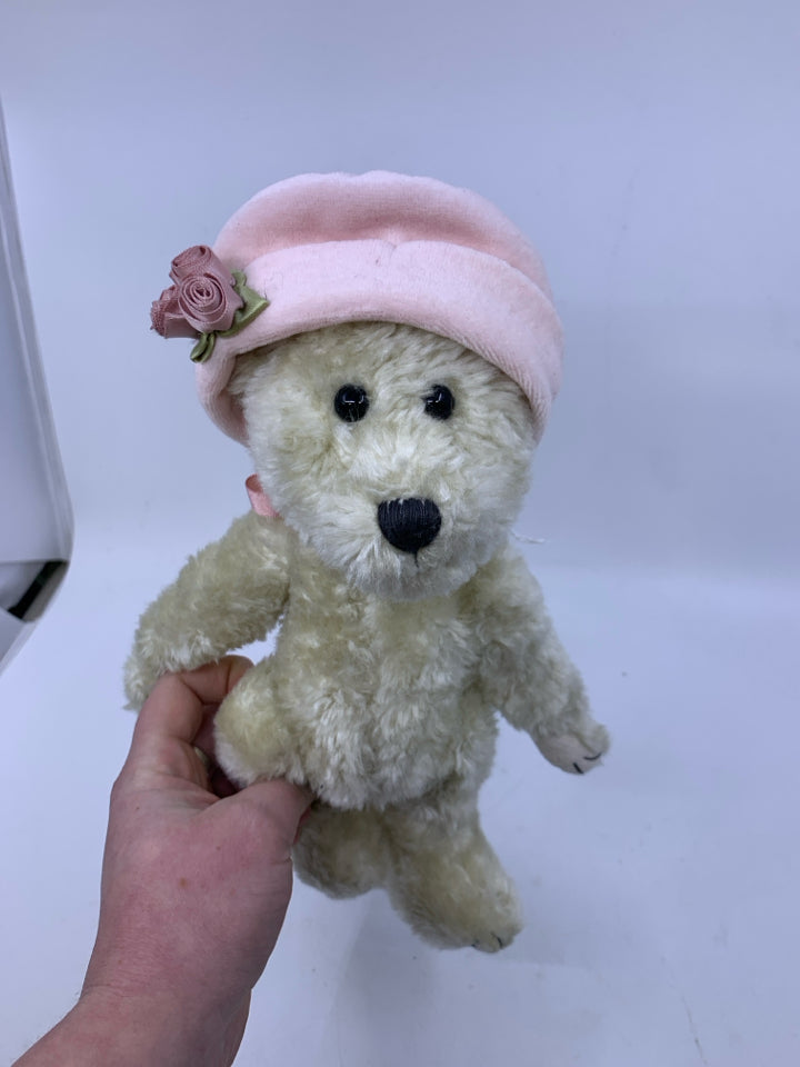 WHITE SHAG BEAR W/ PALE PINK HAT BOYDS BEAR.