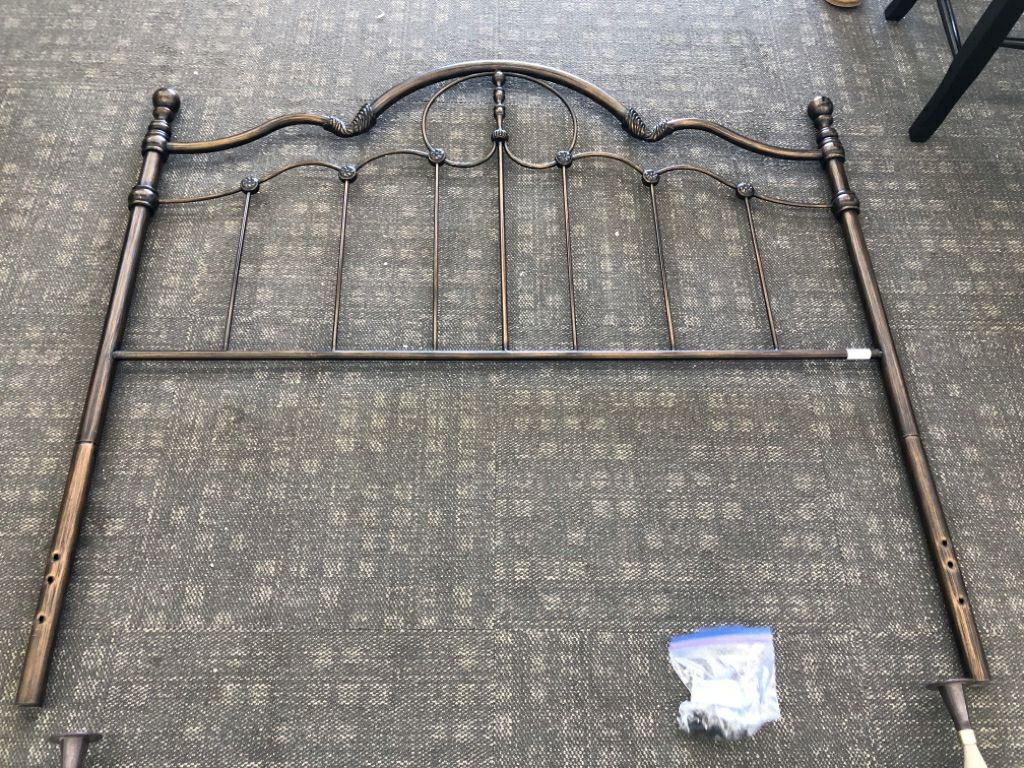 DARK BROWN METAL DISTRESSED QUEEN BED FRAME W SIDE RAILS.