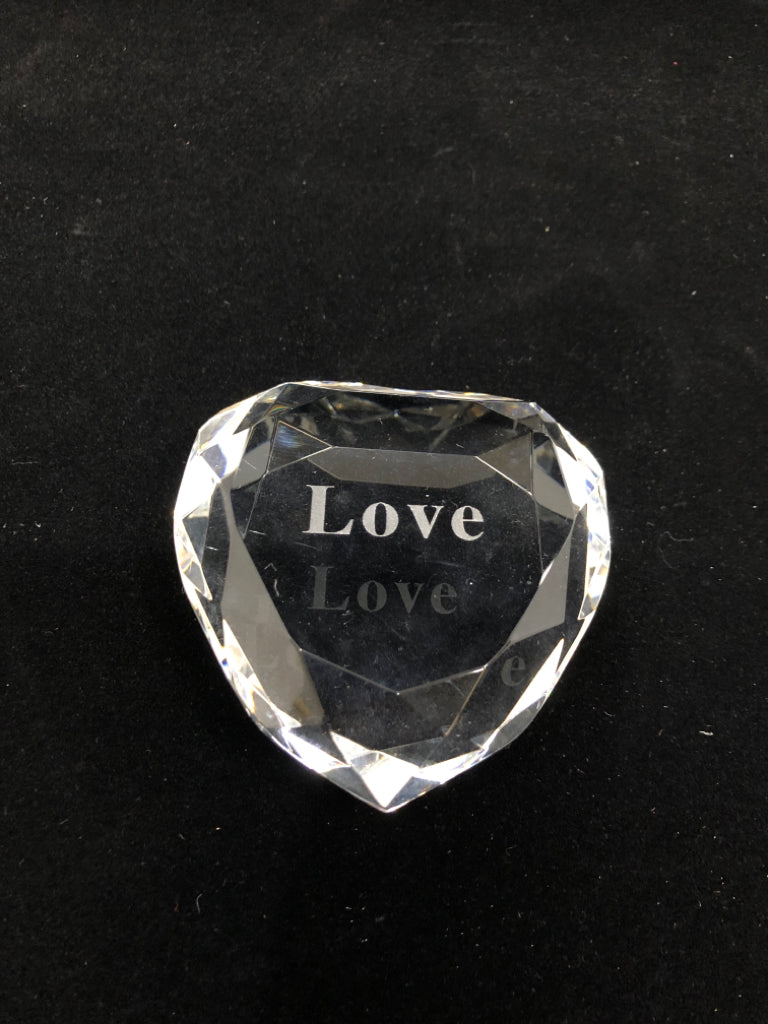 CRYSTAL HEART PAPERWEIGHT W/ETCHED LOVE.