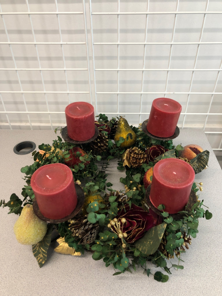 CANDLE HOLDER WREATH W/ SPARKLY FRUIT/FLOWERS.