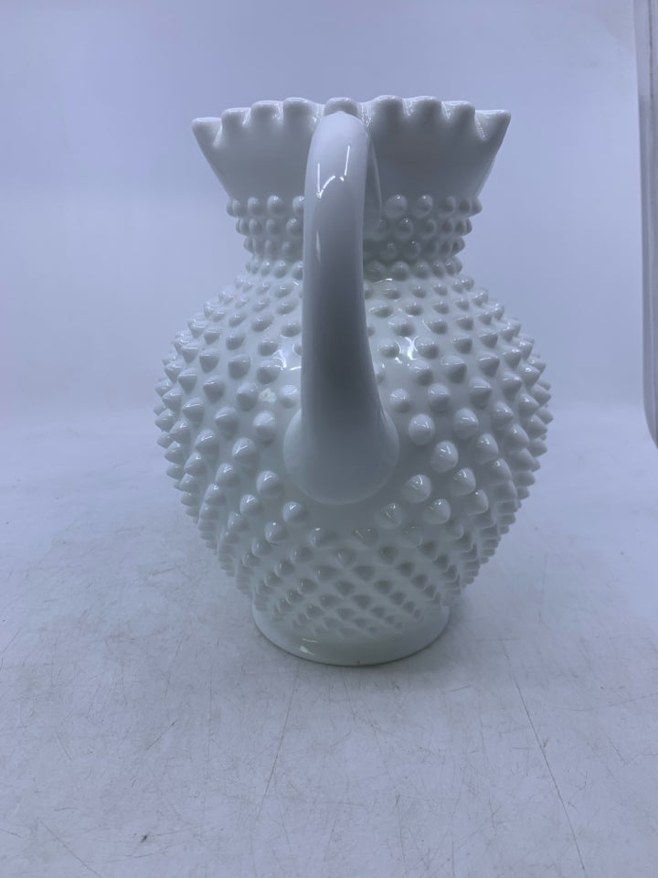 VTG MILK GLASS HOBNAIL CRIMPED EDGE PITCHER.