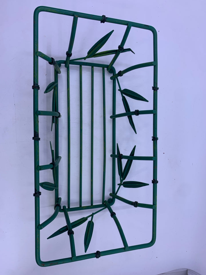 GREEN METAL RECTANGLE BAMBOO LOOK FOOTED PLANTER HOLDER.