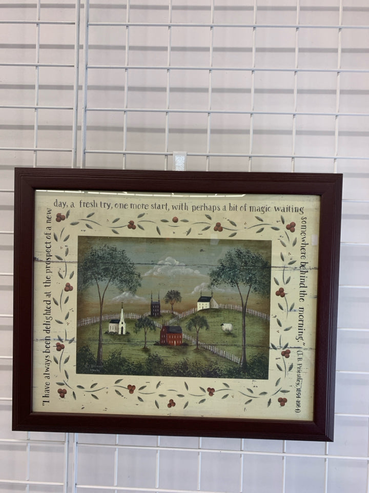 PRIMITIVE FARM COUNTRY PRINT IN RED FRAME.