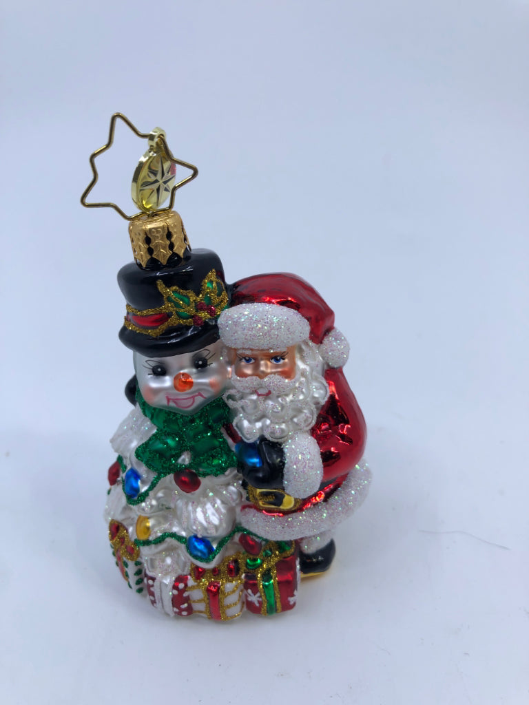 GLASS SANTA AND SNOWMAN ORNAMENT.