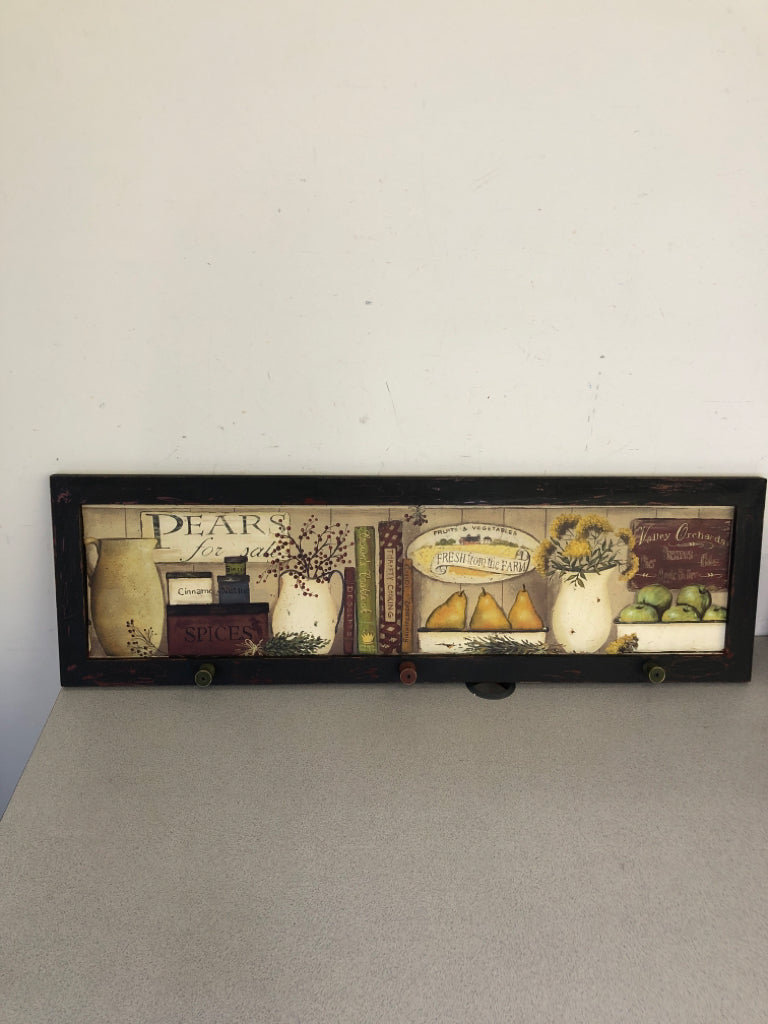 PRIMITIVE WALL ART W/ PEARS/STACKED BOXES+PIP BERRIES 3 HOOKS.