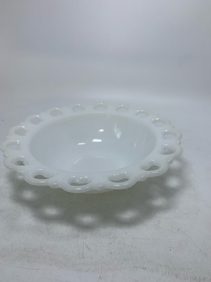 MILK GLASS BOWL W/ LACE EDGE.