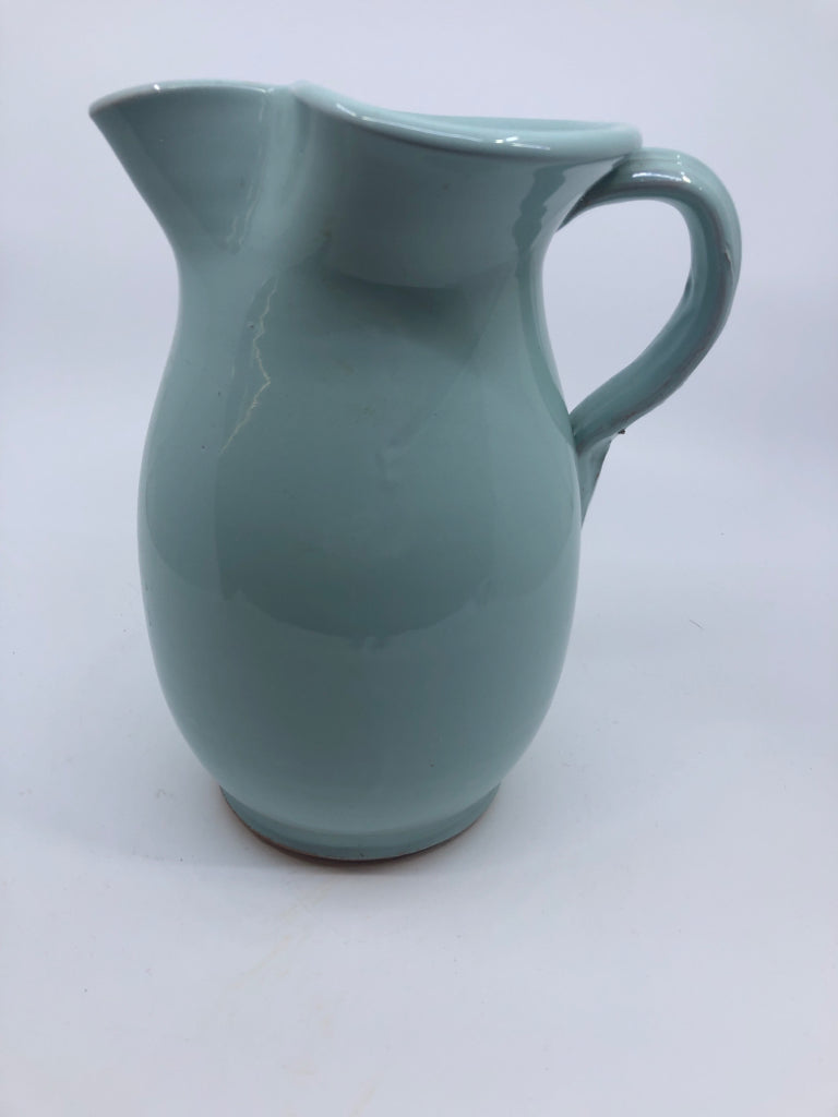 PALE BLUE TERRA COTTA PITCHER W ICE LIP.