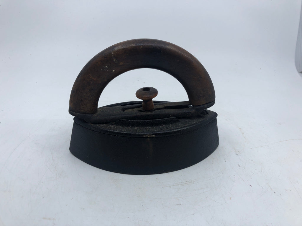 VTG HEAVY SAD IRON W/ WOOD HANDLE DOOR STOP/ IRON.