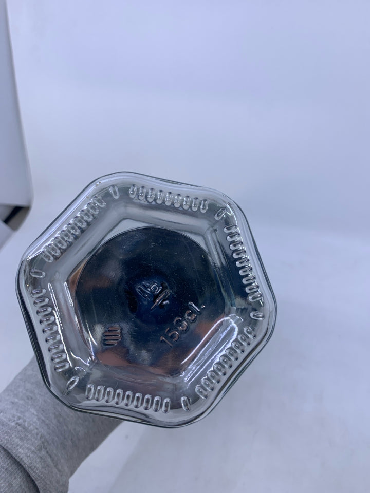 GLASS PITCHER W/ BLUE PLASTIC HANDLE/LID.