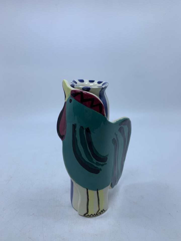 TEAL CHICKEN AROUND CYLINDER HEATHER LANE POTTERY.