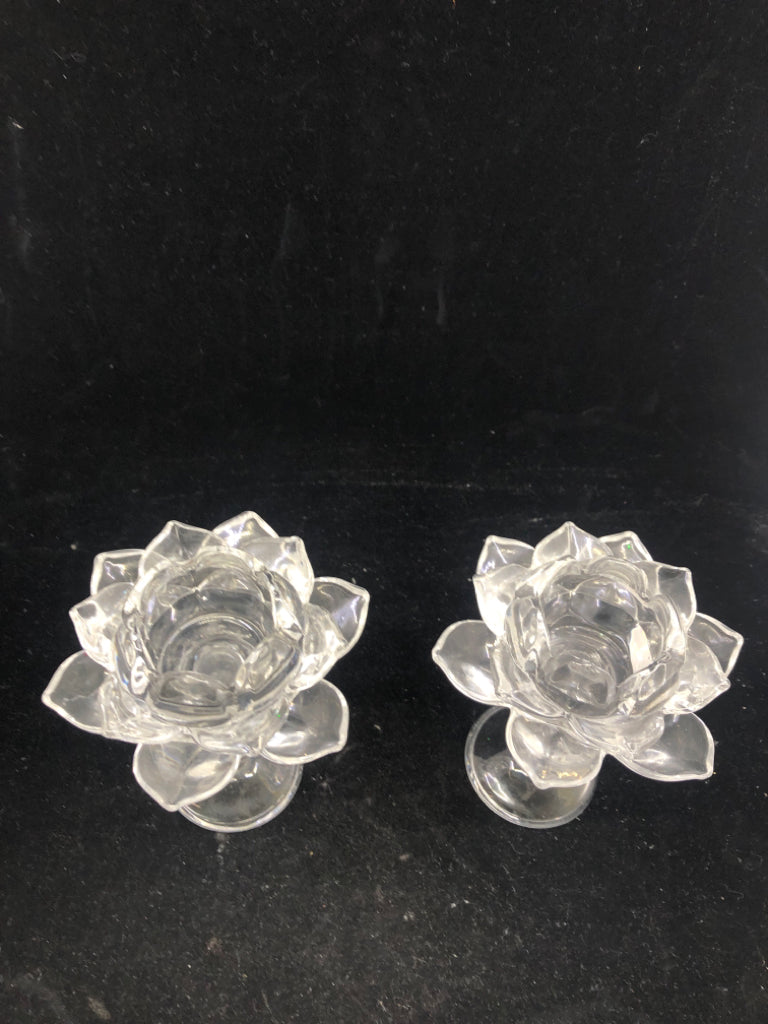 2 GLASS LOTUS TAPERED CANDLE HOLDERS.