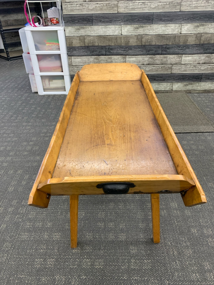 VTG COFFEE TABLE W/METAL HANDLES.