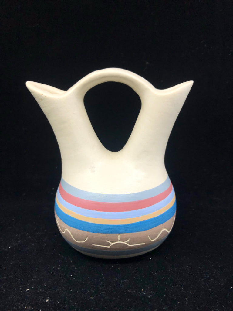 2 SIDE CREAM PAINTED POTTERY VASE.