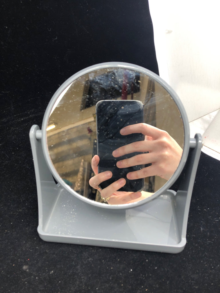 SMALL GREY MIRROR W CATCH TRAY.