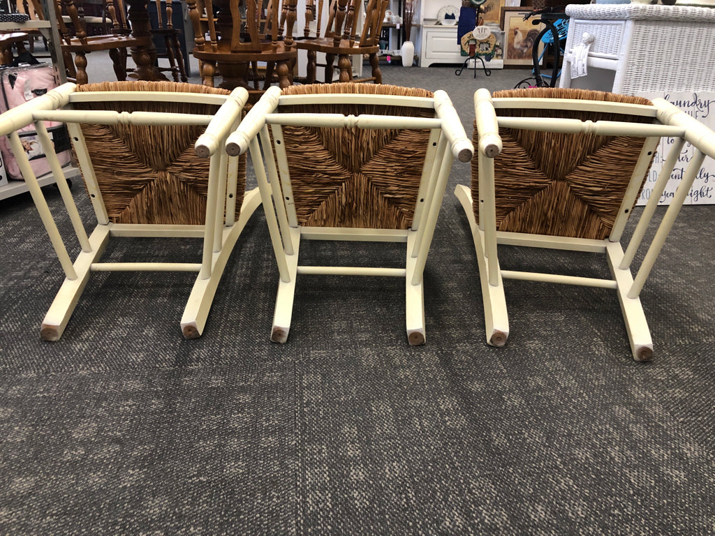 3 YELLOW DISTRESSED WICKER SEAT CHAIR.