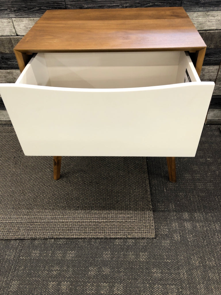 WOOD SIDE TABLE W/WHITE DRAWER.