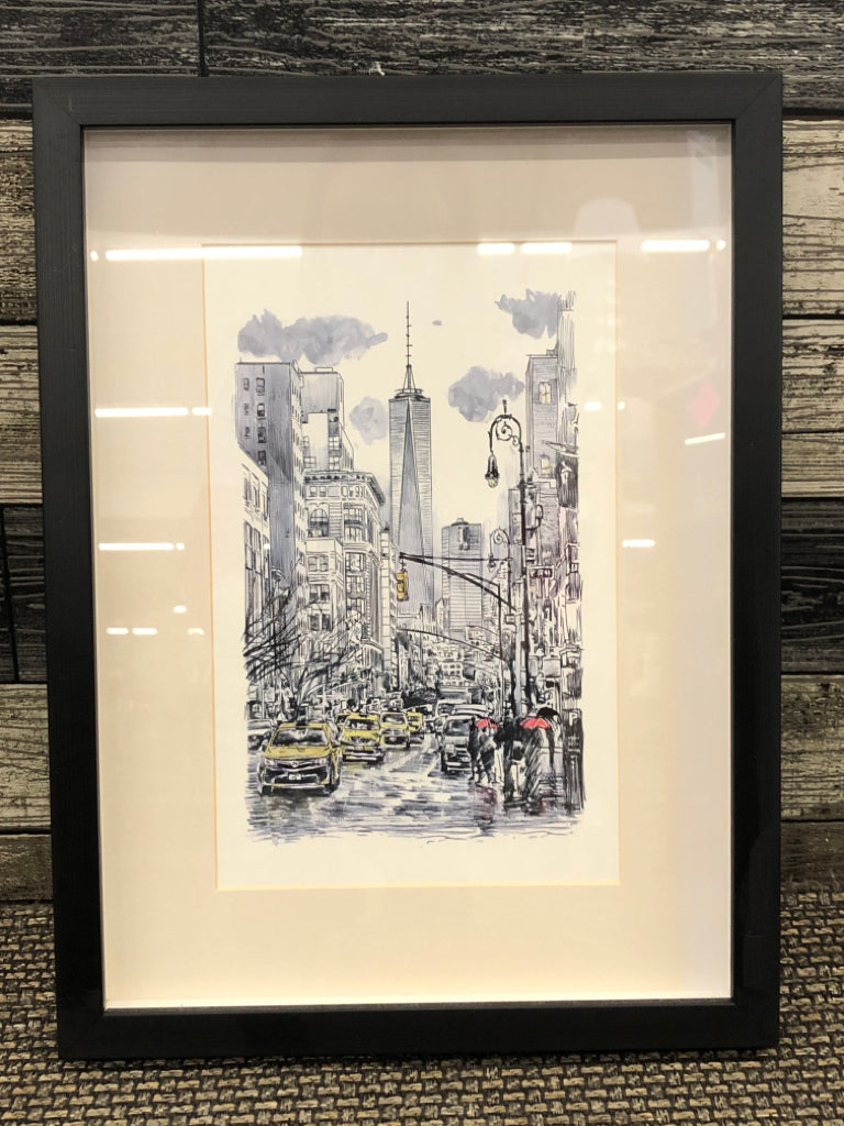 RAINING NYC CITY SCENE FRAMED PRINT.