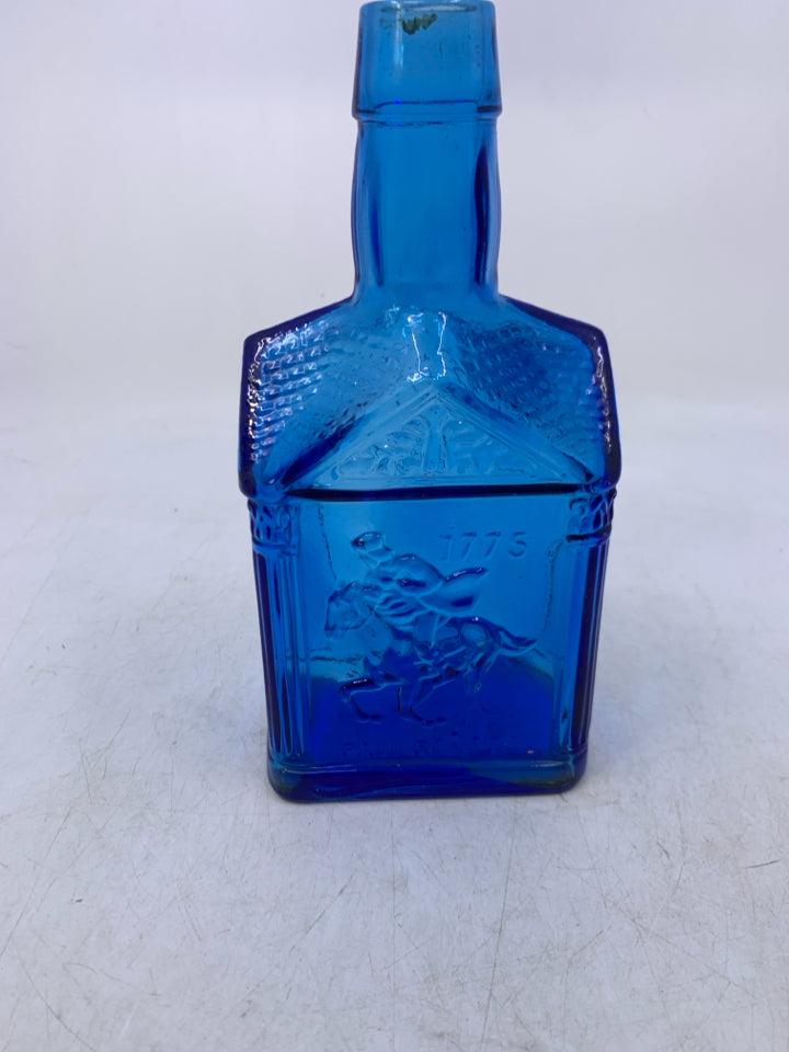 VTG BLUE GLASS PAUL REVERE HOUSE SHAPED EMPTY BOTTLE.
