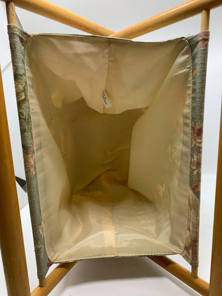 WOODEN/FABRIC STORAGE CADDY W/FLORAL DESIGN.