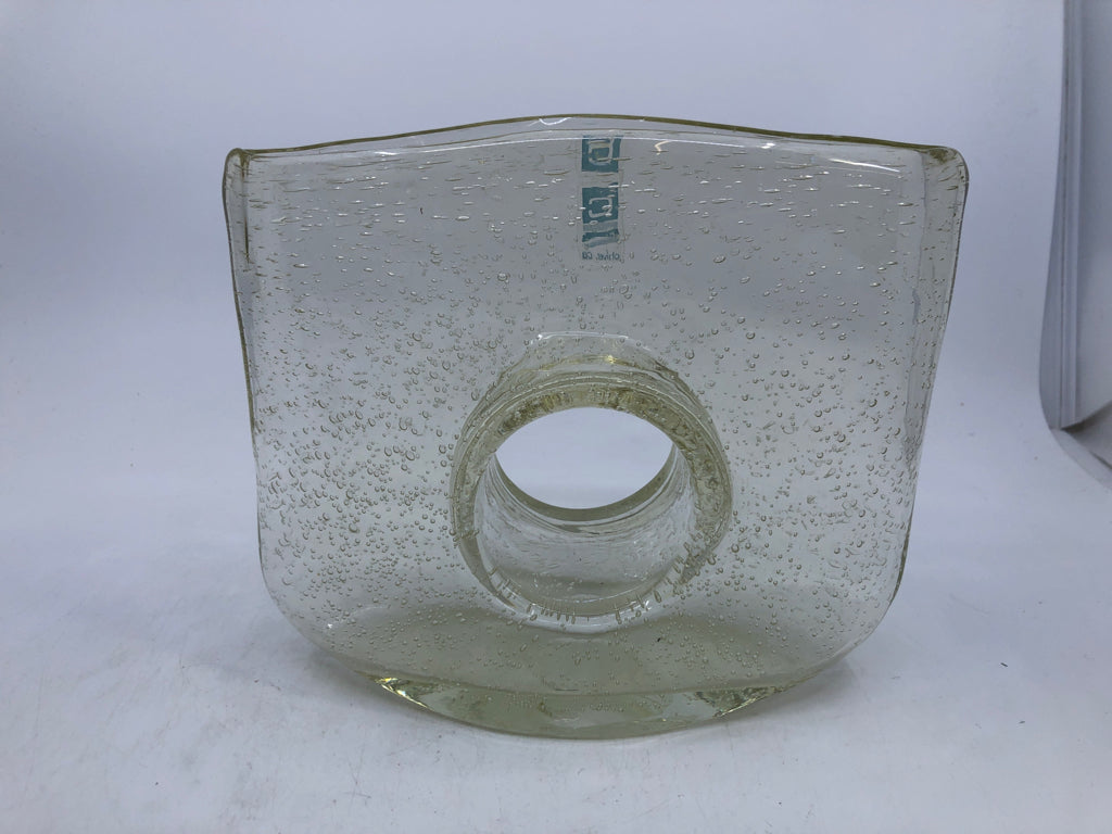 BLOWN GLASS BASE W/ BUBBLE DETAIL HOLE TROUGH CENTER.