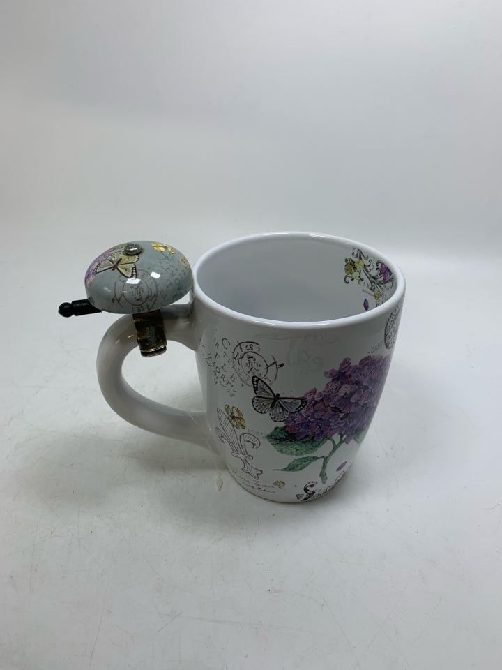 LARGE COFFEE MUG W/ SCRIPT & HYDRANGEAS.