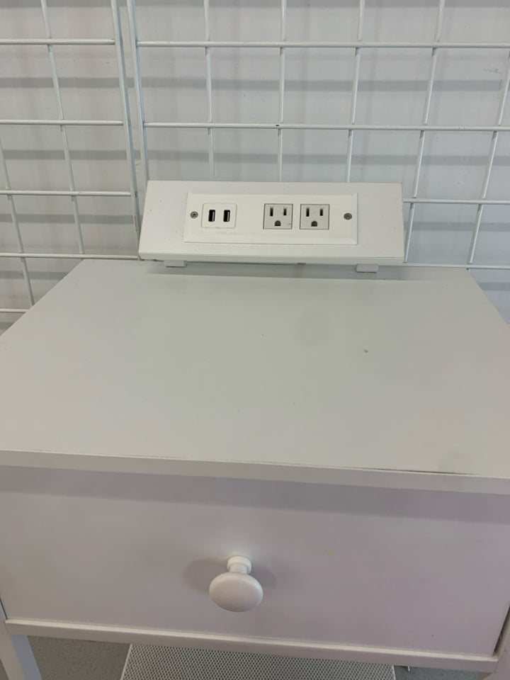 WHITE METAL FRAME NIGHTSTAND W/FABRIC DRAWER POWER OUTLET.