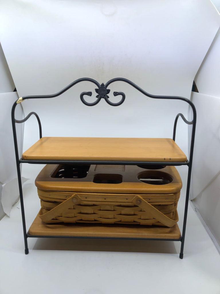 1999 WROUGHT IRON DESK TOP ORGANIZER, DIVIDED BASKET + LID, 2 WOOD SHELVES.