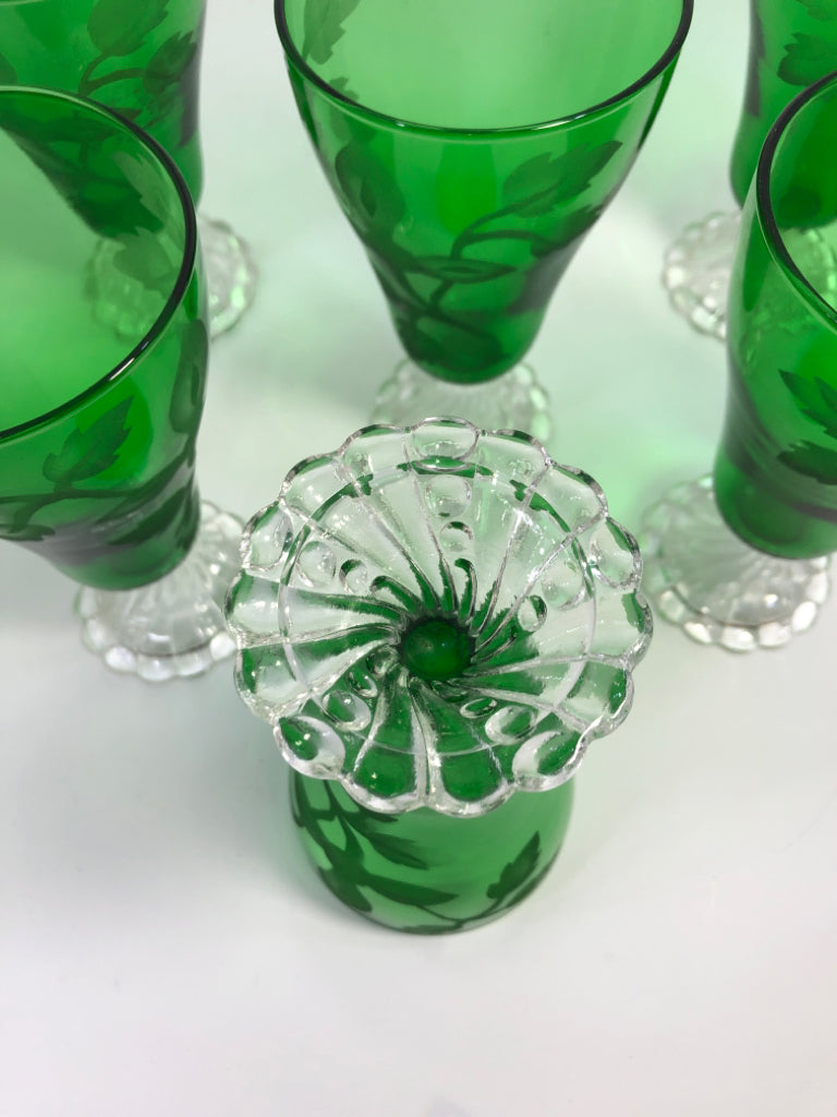 6PC VTG ANCHOR HOCKING EMERALD GREEN GOBLET W/ETCHING+SWIRLED BASE.