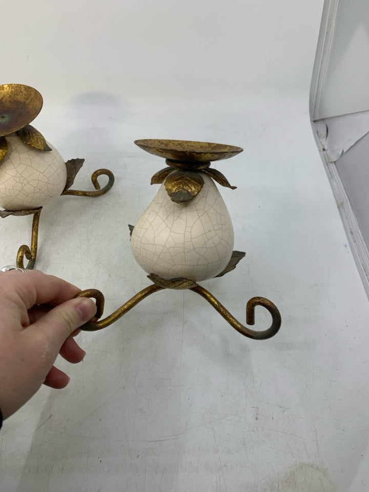2 GOLD METAL LEG W/ CRACKLE PEAR PILLAR CANDLE HOLDERS.