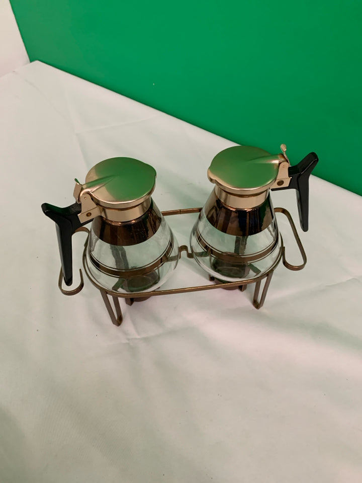 3 PC VTG COPPER TEA SET - 2 CARAFES AND WARMING STAND.
