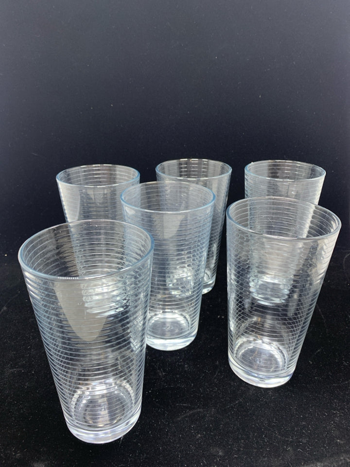 6 RIBBED GLASS WATER GLASSES.