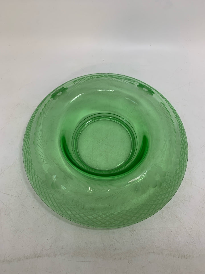 VTG GREEN DOME GLASS BOWL W/ ETCHED FLOWERS.