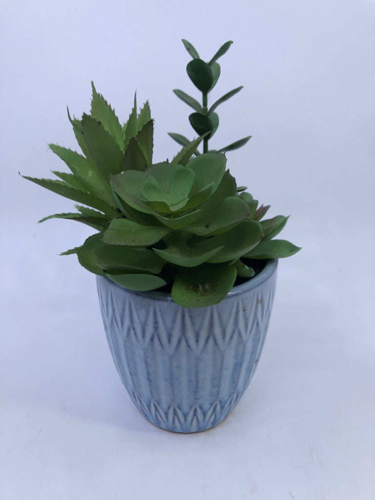 FAUX SUCCULENT IN BLUE PLANTER.
