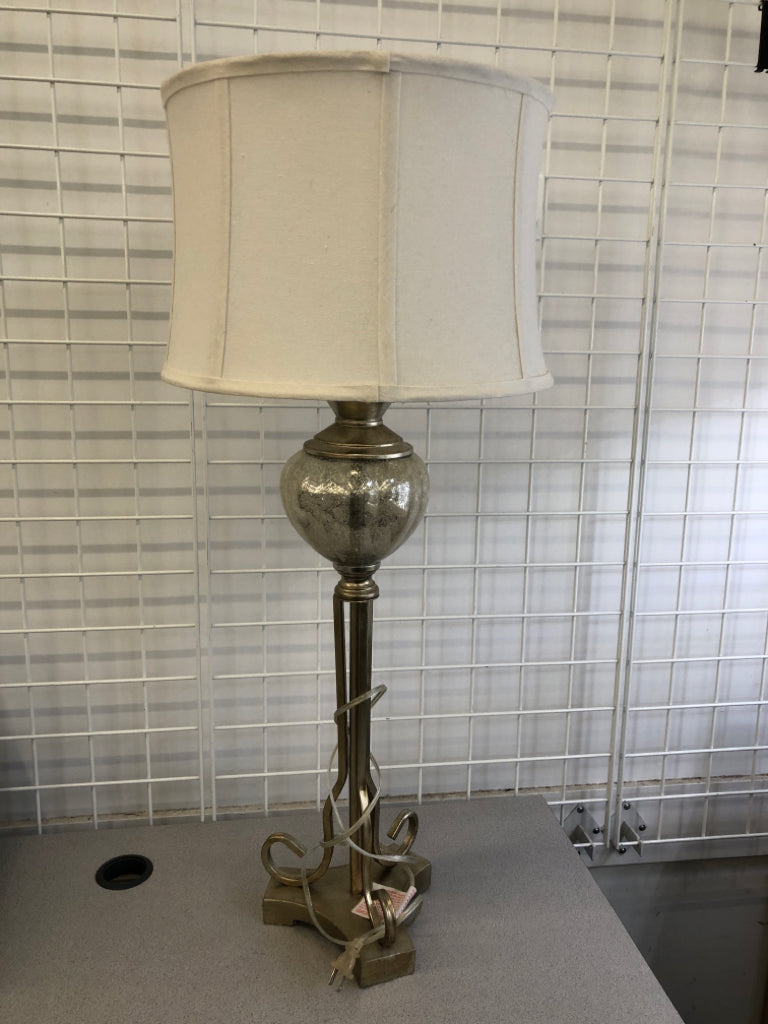 TALL METAL LAMP W/ WHITE SHADE &DISTRESSED BALL DESIGN.