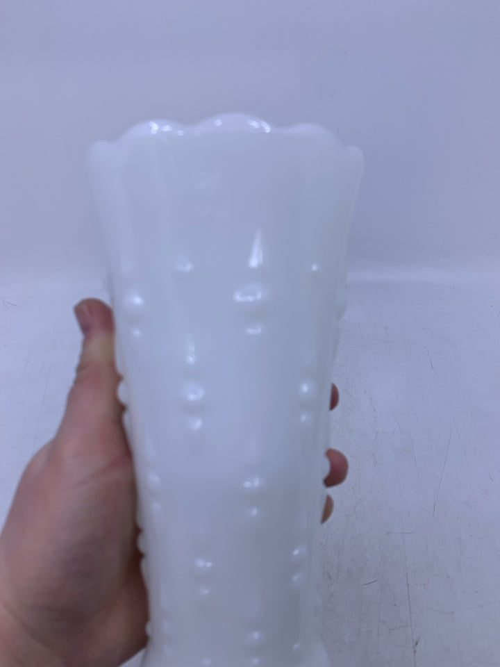 MILK GLASS VASE W/ EMBOSSED DETAILS SCALLOP EDGE.