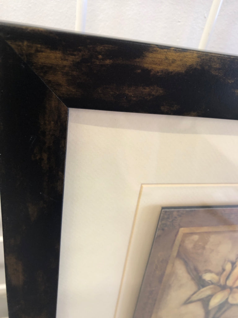 PINK FLOWER SHADOWBOX ART IN DK WOOD FRAME.