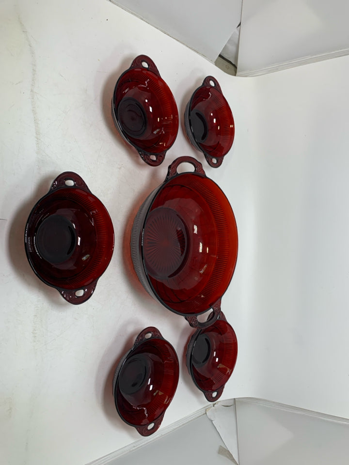 6 PC VTG RUBY RED BERRY BOWLS W/ HANDLES .