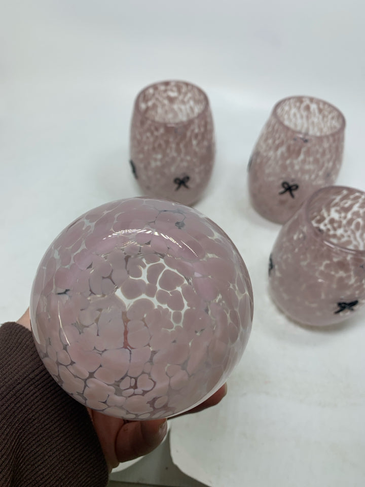 4 STEMLESS PINK SPECKLED W/ FUSED BLACK BOWS WINE GLASSES.