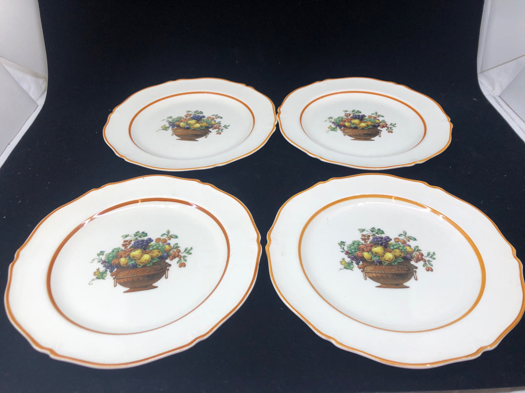 4 VTG FRUIT BASKET DESSERT PLATES.