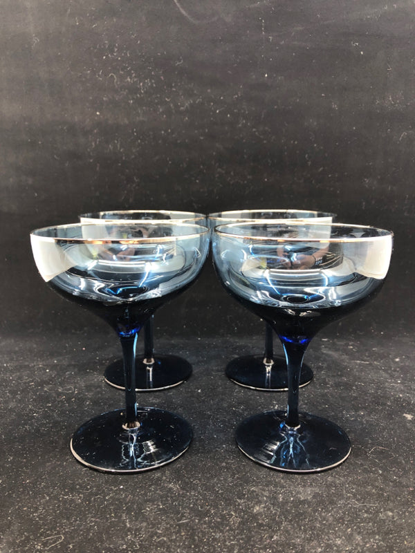 4 LENOX BLUE WINE/COUPE GLASSES W SILVER RIM.