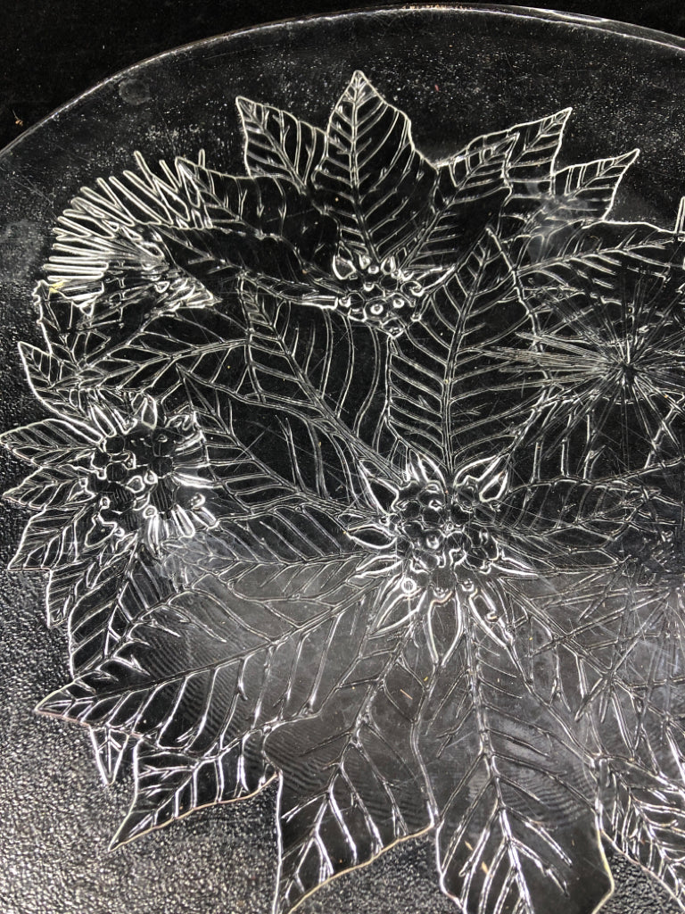 ROUND ETCHED GLASS POINSETTIA SERVING PLATTER.
