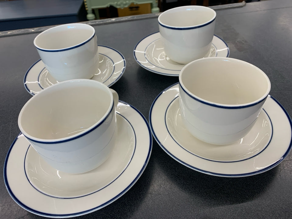 4 BLUE STRIPE STONEWARE MUG + SAUCER SET.
