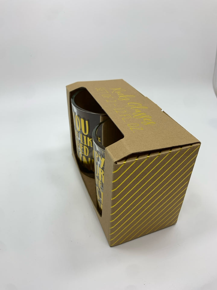 2 NIB HAPPY HOUR GLASSES W/GOLD LETTERING.