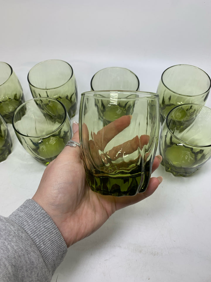 8 VTG AVOCADO GREEN SWIRL WAVE JUICE GLASSES.