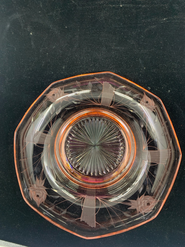 VTG PINK ETCHED GLASS ROLLED EDGE BOWL.