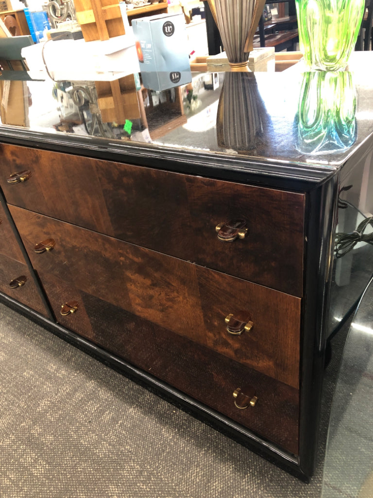 VTG BLACK W/BROWN BURLWOOD DRESSER W/ 6 DRAWERS.