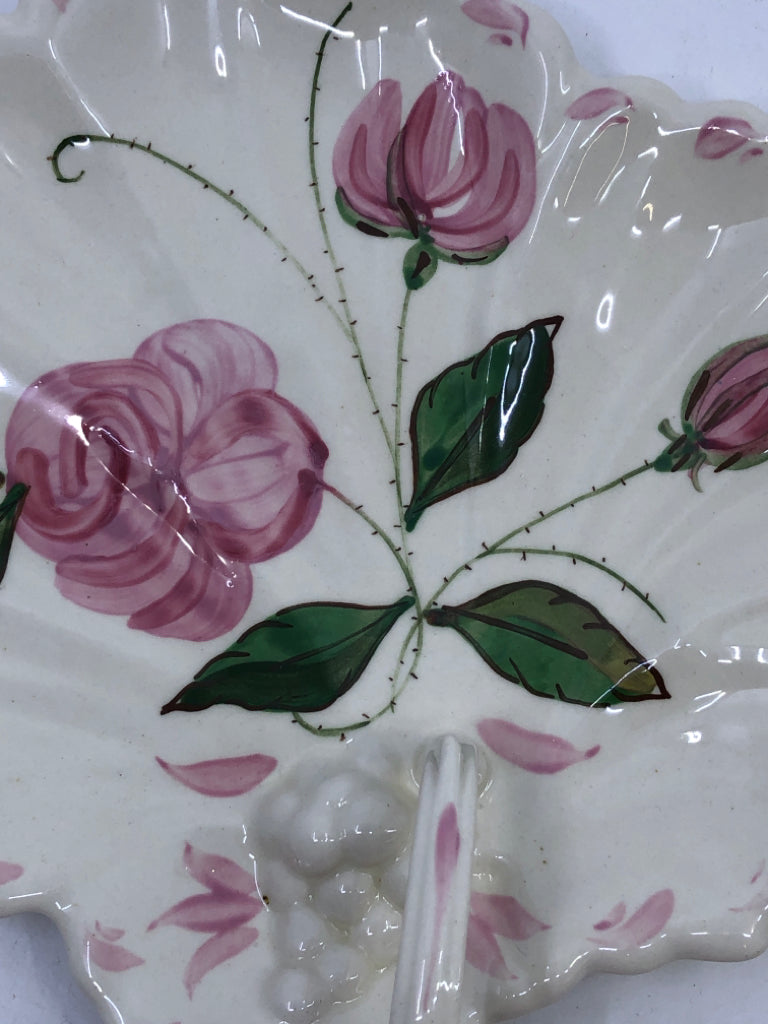 IVORY LEAF SHAPED BOWL W/ PINK ROSES+HANDLE.