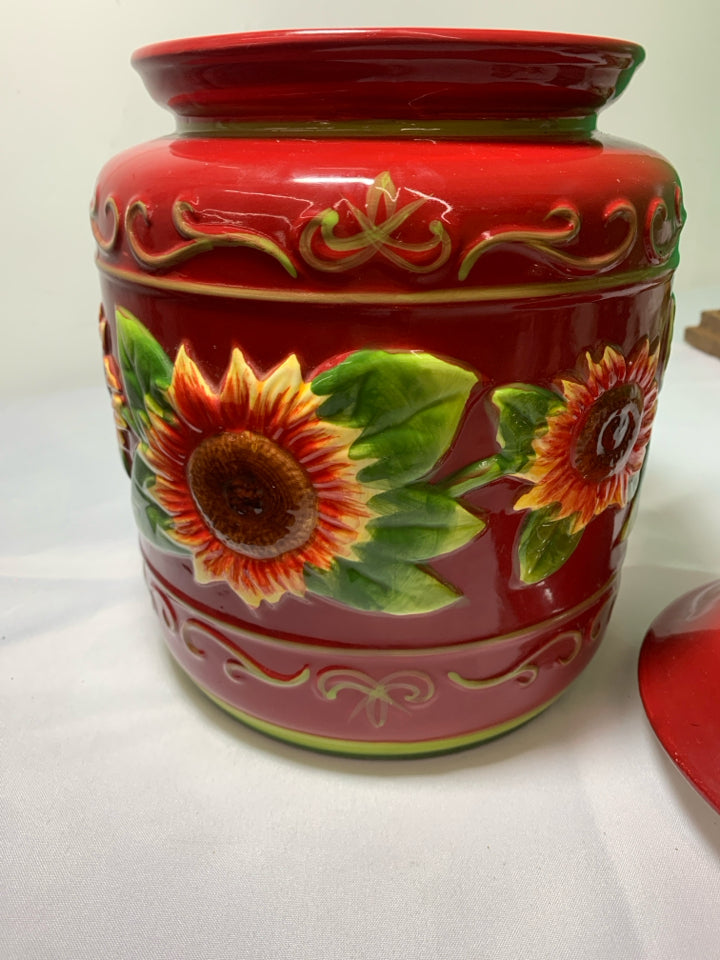 LARGE RED EMBOSSED SUNFLOWER COOKIE JAR.